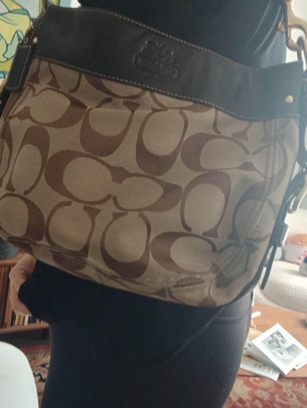 Coach Brown Signature Canvas Shoulder Bag with Dark Brown Leather Trim - Picture 6 of 8